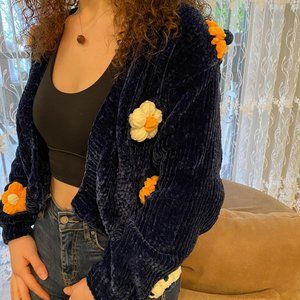 Flower Pattern Velvet Midnight Blue Velvet Cardigan for Woman without Buttons